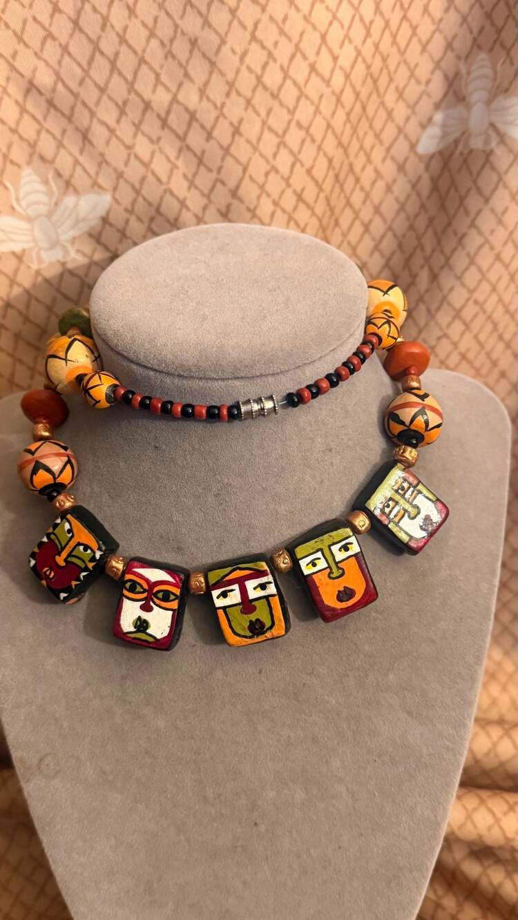 Handmade Tribal Face Painted Wooden Bead Statement Necklace